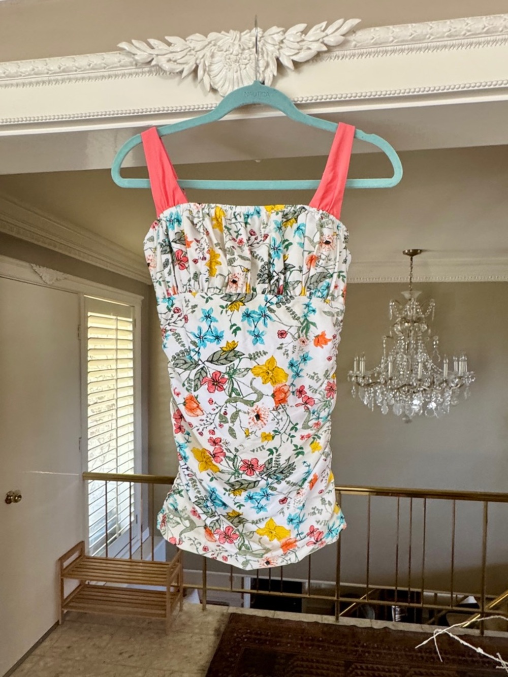 Floral Print White Tankini Top with Coral Straps